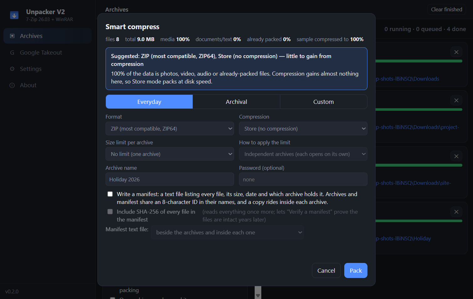 Smart compress dialog