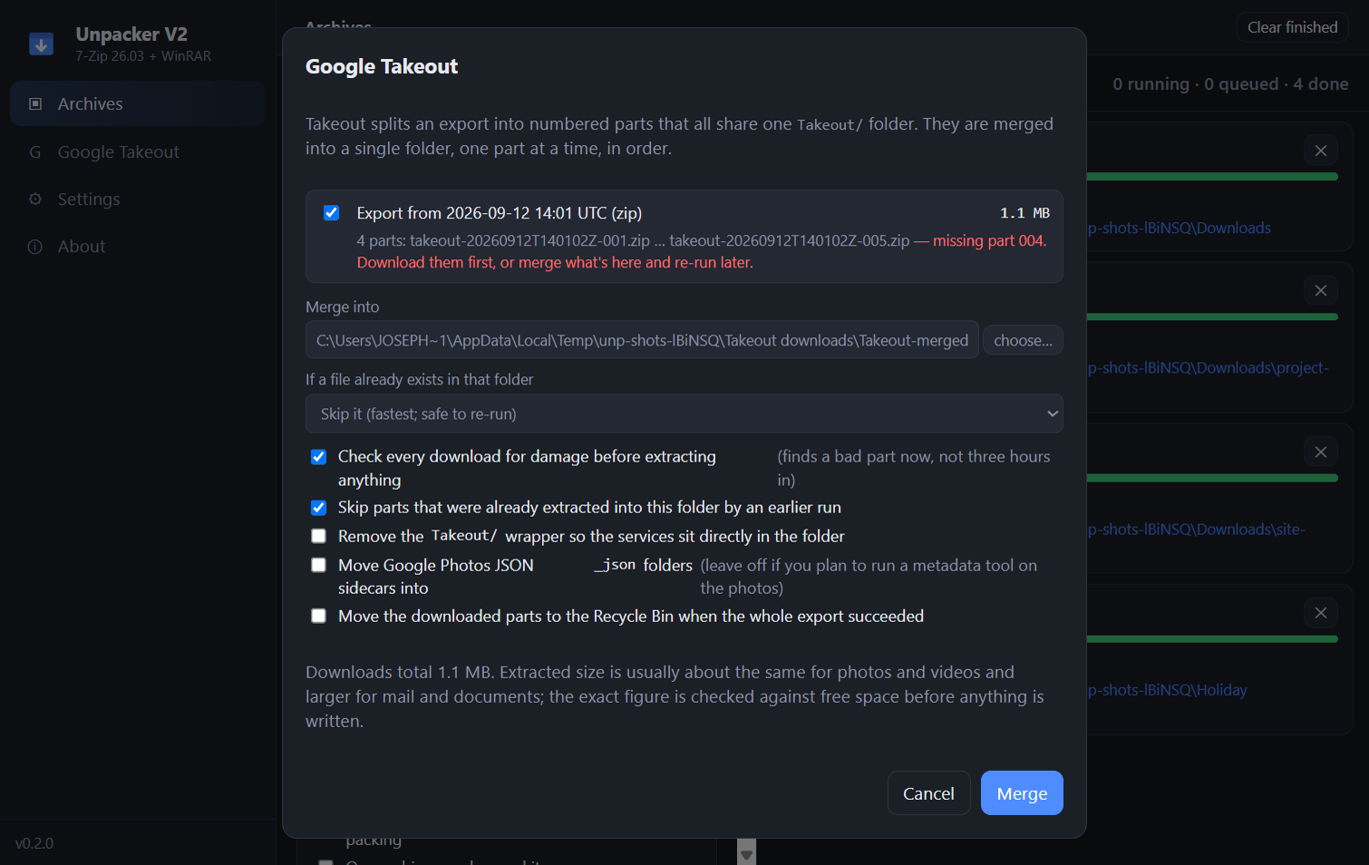 Google Takeout dialog