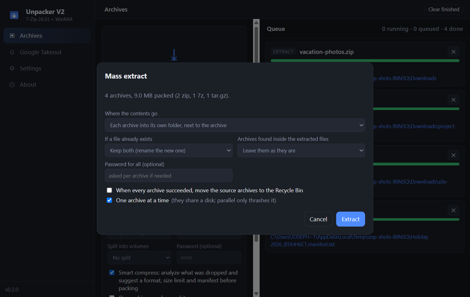 Mass extract dialog